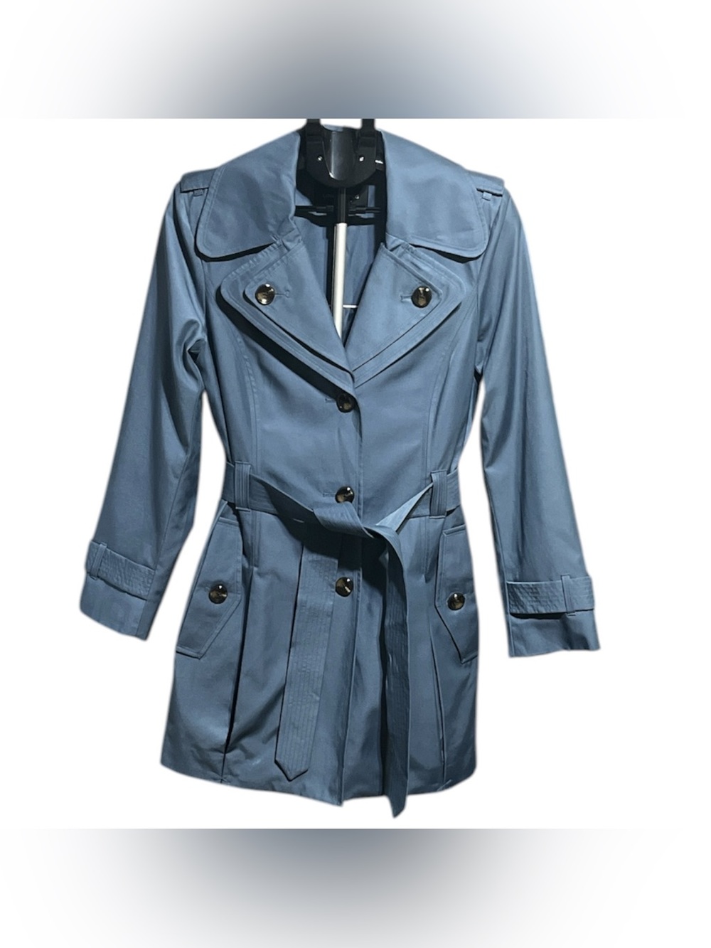 London Fog in Shade Lake/ Muted Dusty Blue Double-Breasted Trench Coat with Belt